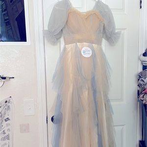 A-line dress scoop neck, half sleeve, floor length tulle with pleats ruffles